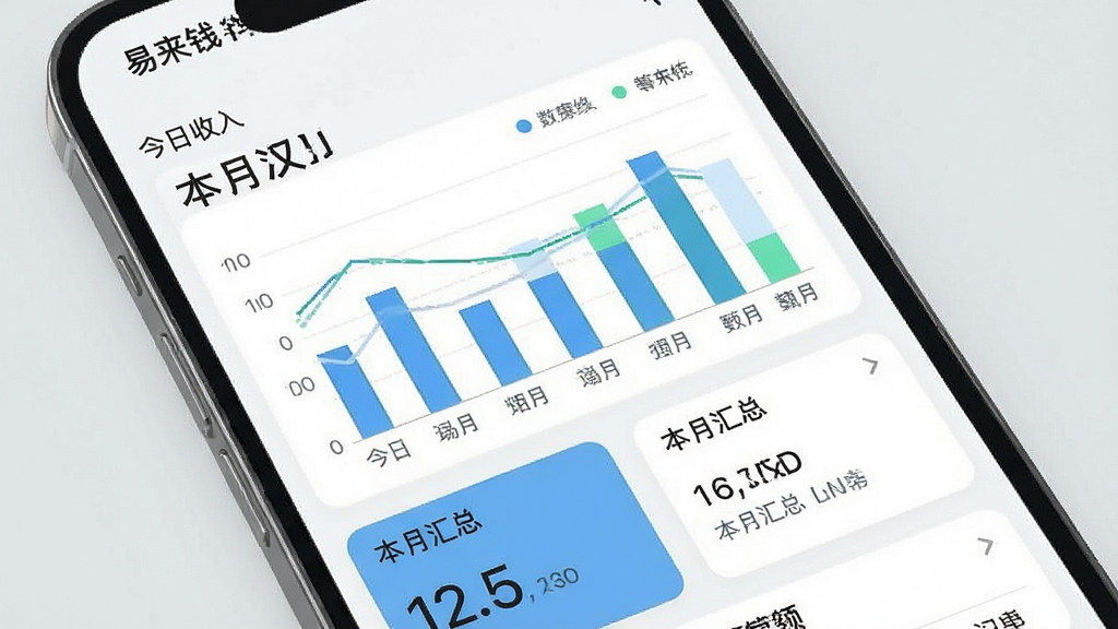 一张易来钱管家经营数据看板界面图,画面主体为手机屏幕,屏幕上显示柱状图与数据卡片,标注「今日收入」「本月汇总」等字样,背景为浅灰色,风格现代简约,细节上体现数字与图表的清晰对比,画质清晰,干净,无多余元素
