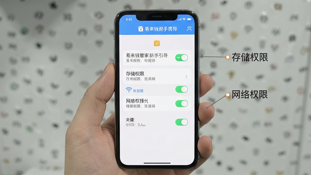 一张易来钱管家新手设置引导界面图,画面为手机屏幕展示权限授权与存储选择页面,标注「存储权限」「网络权限」等文字,风格简洁,细节上体现开关按钮与提示文字,画质清晰,干净,无多余元素