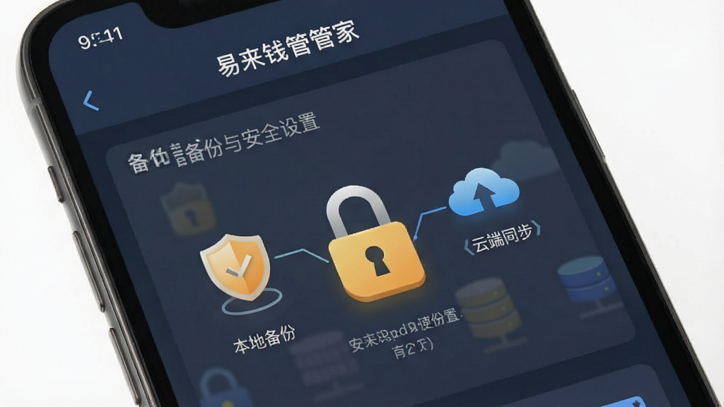 一张易来钱管家数据备份与安全设置界面图,画面为手机屏幕展示备份选项与安全锁图标,标注「本地备份」「云端同步」等字样,风格稳重,细节上体现盾牌与数据图标,画质清晰,干净,无多余元素