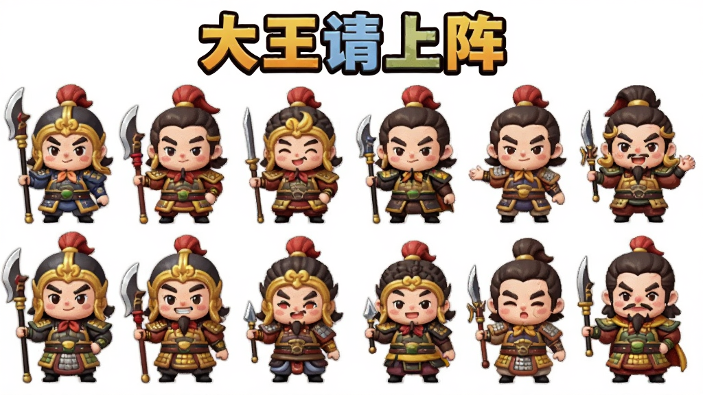 Q版三国武将角色立绘合集,画面中排列着多位可爱的三国武将形象,每位武将穿着标志性的铠甲或服饰,手持专属武器,表情生动各异,画面采用白色背景,角色呈网格状排列,上方有
