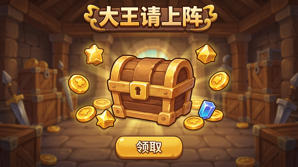 游戏离线收益领取界面,画面中央有一个宝箱图标,宝箱周围环绕着金币和经验的图标,背景是古代仓库场景,界面风格为Q版卡通,色彩以金色和棕色为主,上方有