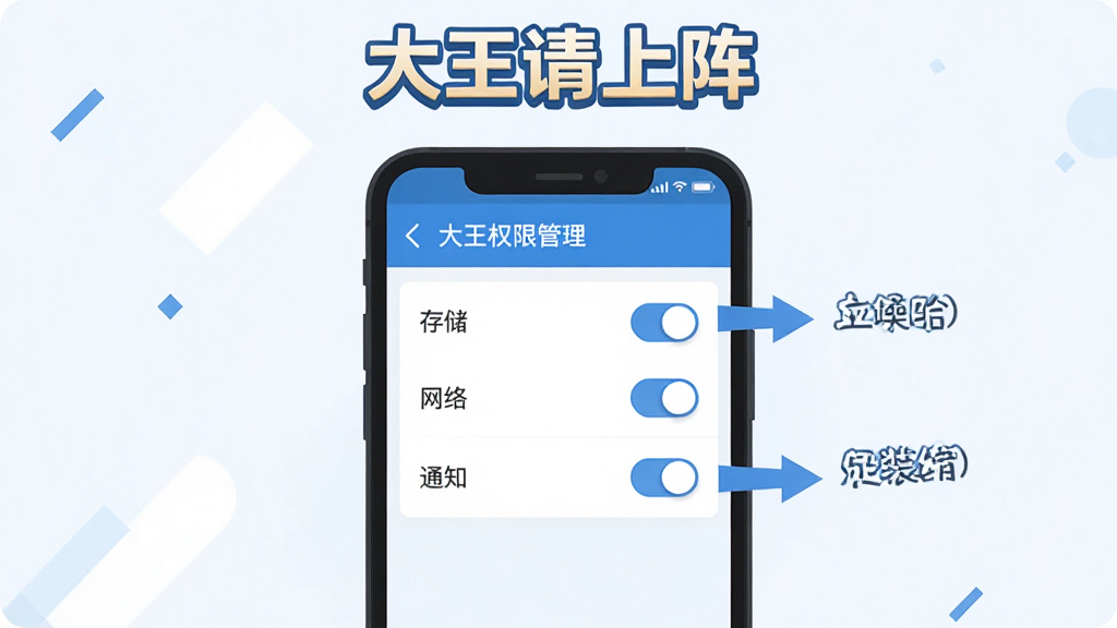 手机游戏安装设置界面示意图,画面展示一部智能手机的屏幕,屏幕上显示应用权限管理页面,有