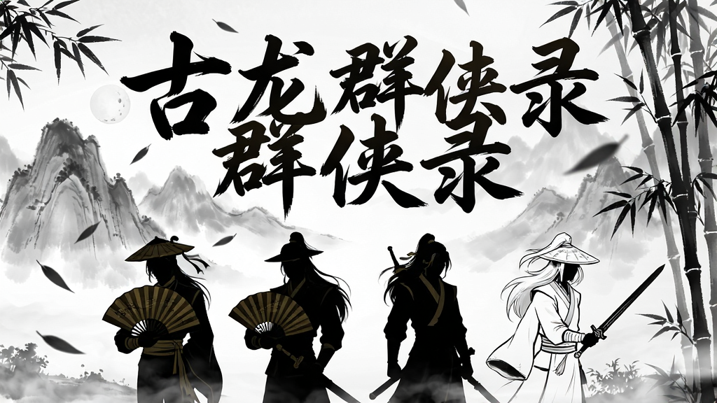 一幅竖版武侠卡牌手游宣传图,画面中央是古龙群侠录五个毛笔书法字体的游戏标题,标题下方排列四位身着古装的侠客剪影,左侧是手持折扇的楚留香,右侧是白衣持剑的西门吹雪,背景是水墨风格的远山与竹林,整体色调以墨黑、月白、暗金为主,布局采用上下结构,上方标题醒目,下方人物错落排布,风格为中国风水墨武侠,细节上加入飘落的竹叶与淡淡的雾气,画质高清,画面干净,无多余元素