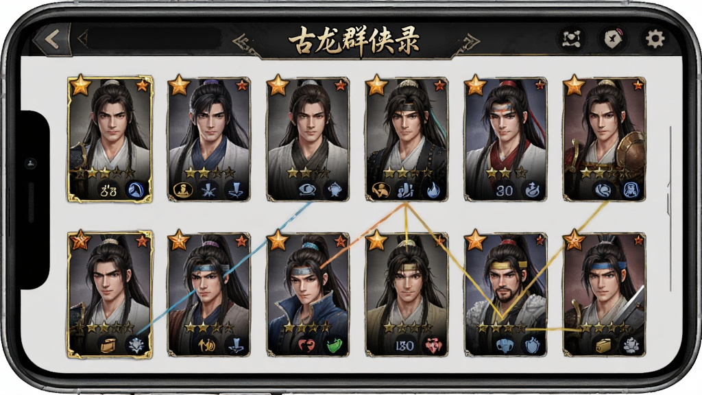 古龙群侠录侠客收集界面预览图,画面展示手机屏幕中的侠客图鉴页面,屏幕上排列多张侠客卡牌,卡牌上有角色头像与星级标识,页面顶部有古龙群侠录标题栏,布局为网格状卡牌陈列,风格为游戏UI截图,细节上体现卡牌边框、属性图标与羁绊连线,画质高清,画面干净,无多余元素