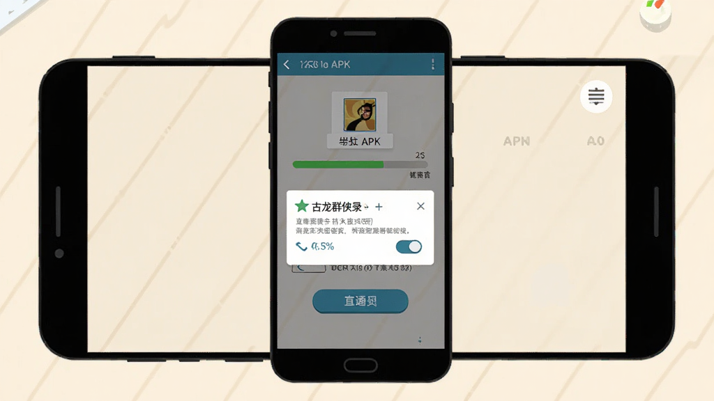 古龙群侠录安卓版安装步骤示意图,画面展示手机屏幕中安装APK文件的界面,屏幕中央显示安装进度条与权限提示弹窗,背景为简洁的浅色桌面,布局为居中展示手机操作界面,风格为扁平化UI示意图,细节上体现安装按钮、权限开关与进度百分比,画质清晰,画面干净,无多余元素