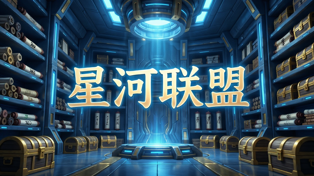 画面为一个巨大的资源仓库,仓库中整齐排列着各种带有火影忍者元素的卷轴和宝箱,仓库中央悬浮着「星河联盟」四个发光大字,整体风格为科幻与忍者风格结合,色彩以蓝色和金色为主,细节精致,画质高清,干净,无多余元素