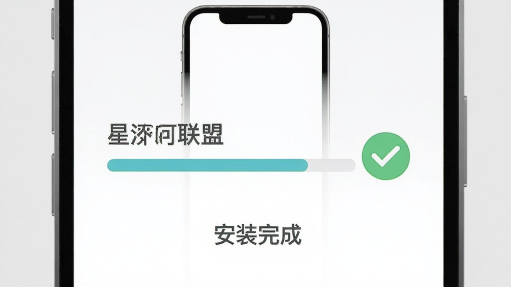 画面为一个手机屏幕,屏幕上显示着「星河联盟」的安装进度条,进度条旁边有一个绿色的对勾图标,屏幕下方有“安装完成”字样,背景是简洁的浅灰色,风格为扁平化设计,画质清晰,干净,无多余元素