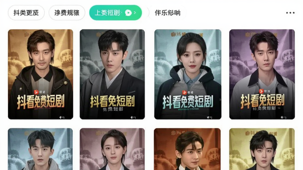 抖看免费短剧APP内页展示多部短剧封面整齐排列,顶部有分类筛选按钮,画面中带有
