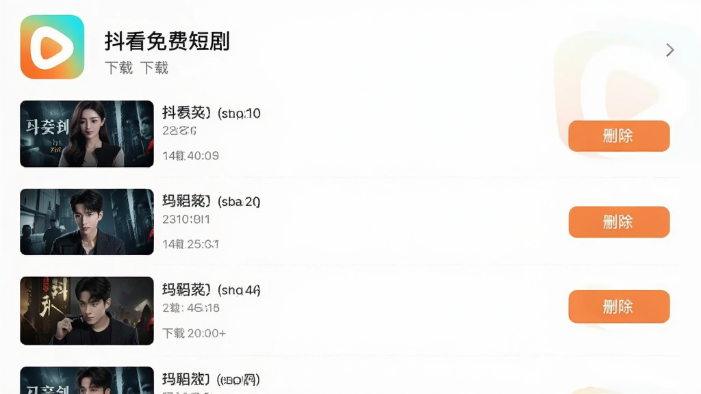 抖看免费短剧缓存管理界面截图,显示已下载剧集列表与删除按钮,界面干净布局合理,带有