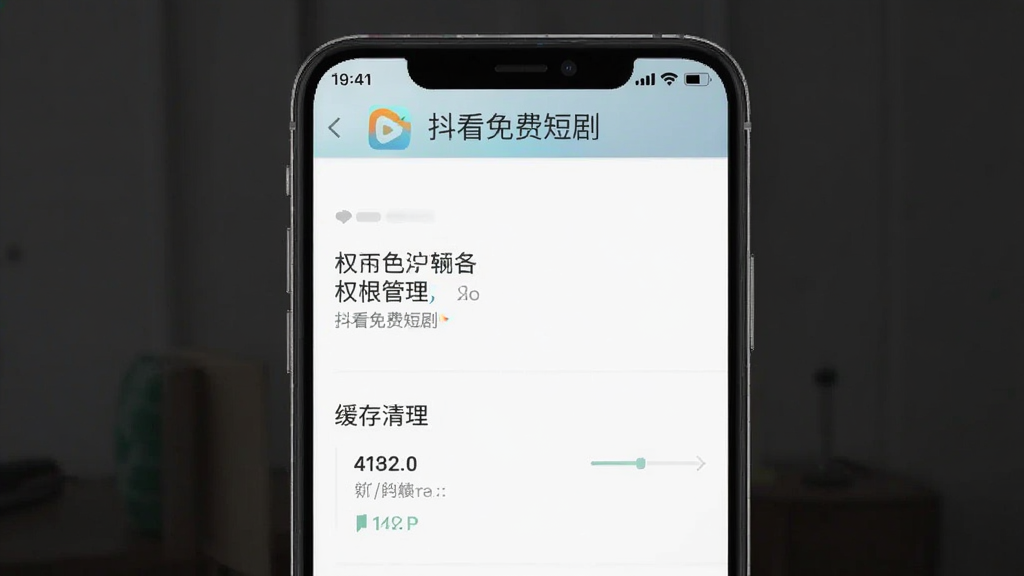 抖看免费短剧APP设置页面截图,显示权限管理与缓存清理选项,界面简洁,带有