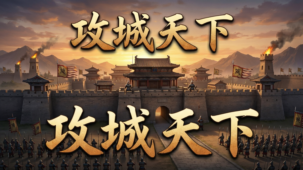 一款以三国时代为背景的策略手游主视觉图,画面中央是一座宏伟的古代城池,城墙上有士兵把守,城外有军队列阵,天空呈现黄昏色调,远处有山峦和烽火台,画面中带有“攻城天下”四个大字的标题,整体风格写实大气,布局为横版海报构图,画质高清,干净整洁,无多余元素