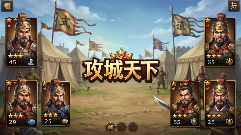 一张手机游戏界面截图风格的图片,画面展示三国武将招募界面,中央有“攻城天下”游戏logo,左右两侧排列着多位三国名将的卡牌形象,卡牌带有星级和属性数值,背景为古代军营帐篷和战旗,布局为竖版手机屏幕比例,风格为写实卡通风,画质高清,干净整洁,无多余元素