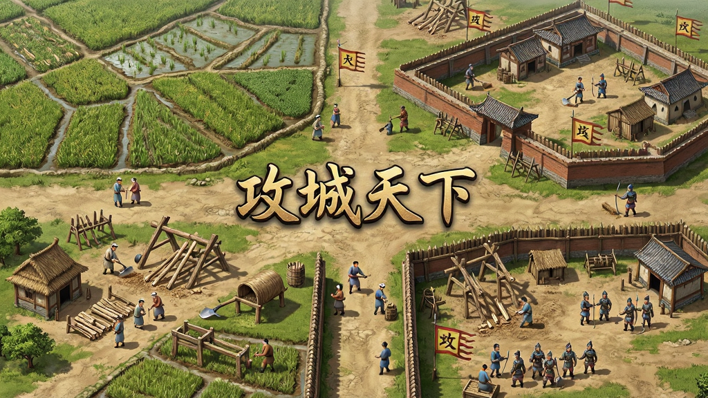 一张古代城池内政建设场景的图片,画面中展示农田、伐木场、兵营等建筑分布在城池各处,有百姓和士兵在劳作,中央有“攻城天下”文字标识,布局为俯视角全景构图,风格为写实古风,画质高清,干净整洁,无多余元素