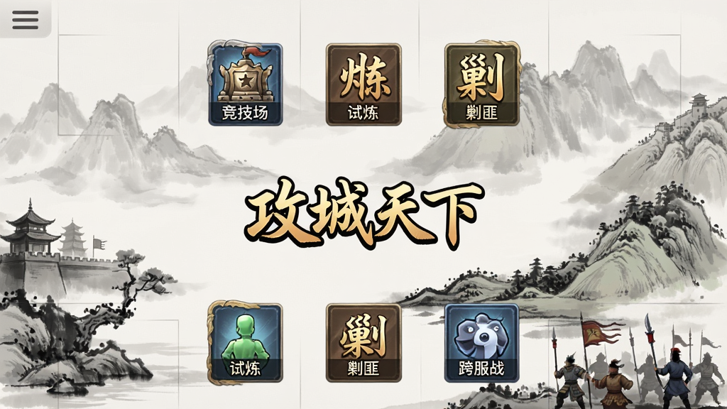 一张展示手机游戏中多种玩法入口界面的图片,画面中有竞技场、试炼、剿匪、跨服战等图标按钮,背景为三国风格的水墨山水,中央有“攻城天下”游戏名称,布局为竖版手机界面,风格为简洁游戏UI风,画质高清,干净整洁,无多余元素