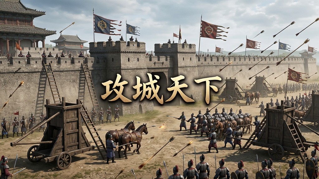 一张大规模国战场景的图片,画面中两支军队在城池下交战,有攻城车、云梯和箭雨,城墙上有守军在抵抗,远处有联盟旗帜飘扬,画面中央有“攻城天下”文字,布局为宽幅战场构图,风格为写实战争风,画质高清,干净整洁,无多余元素