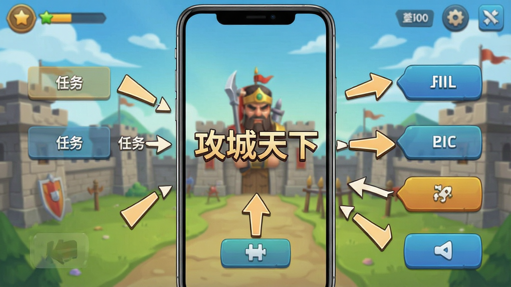 一张手机游戏新手引导界面的图片,画面展示游戏主界面和任务提示,有箭头指向各个功能按钮,中央有“攻城天下”文字,布局为竖版手机屏幕,风格为简洁游戏UI风,画质高清,干净整洁,无多余元素