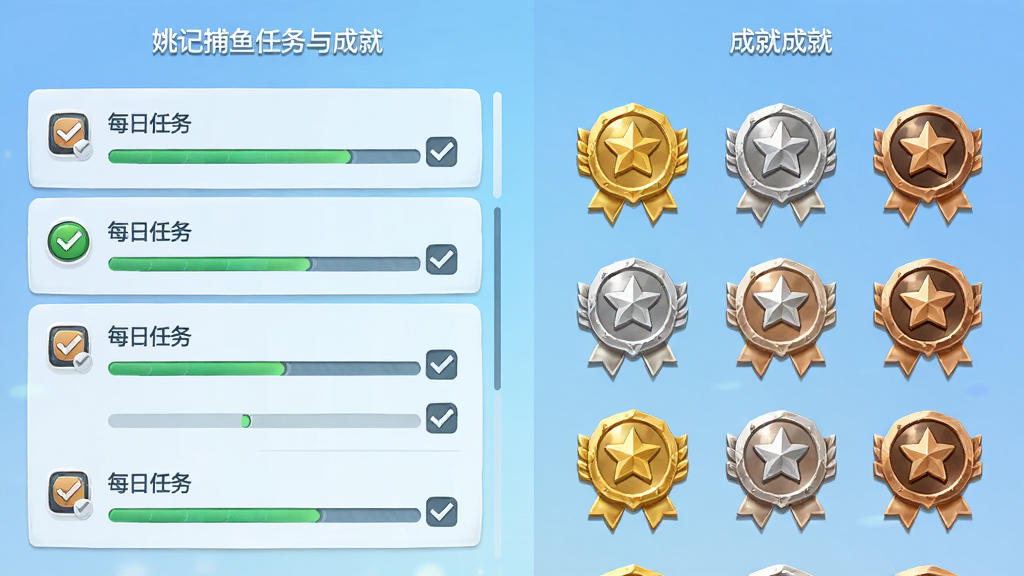 姚记捕鱼任务与成就界面截图,画面分为左右两栏,左侧为每日任务列表带有勾选进度条,右侧为成就徽章墙,展示金色银色铜色徽章,背景为浅蓝色渐变,界面排版工整,风格清爽,画质精细,干净无多余元素