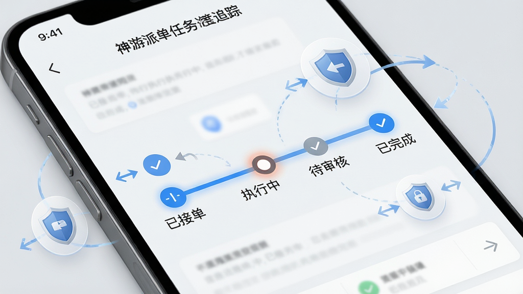 一张展示神游派单任务进度追踪页面的图片,手机屏幕特写,界面中有一条清晰的时间轴,标注着“已接单”“执行中”“待审核”“已完成”等节点,当前节点高亮显示。周围环绕着代表数据同步的箭头和盾牌图标,背景为淡灰色,风格简约商务,细节细腻,画质锐利,画面干净,突出进度可视化功能。