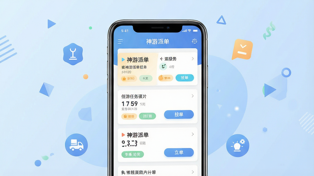 一张展示神游派单手机应用主界面的图片,画面中央是一部现代智能手机,屏幕上清晰显示“神游派单”应用的任务列表界面,包含多种任务卡片和接单按钮。背景是柔和的浅蓝色渐变,周围点缀着简洁的几何图形和任务图标。整体布局干净有序,风格为扁平化科技感,细节处理精致,画质清晰明亮,无多余元素干扰,突出应用的核心功能。