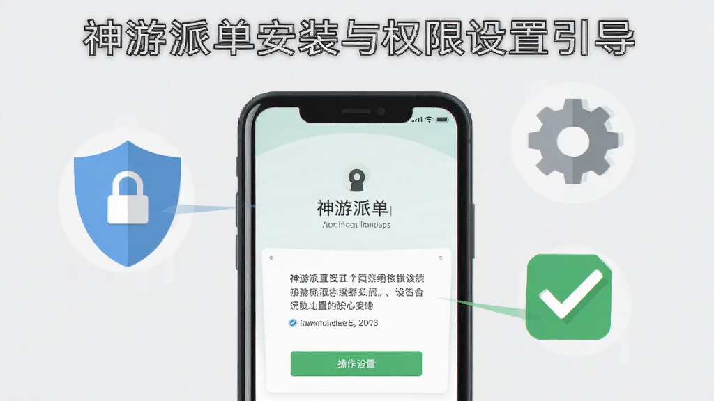 一张展示神游派单安装与权限设置引导页面的图片,画面中一部手机正在显示应用安装界面,旁边浮动着盾牌、齿轮和勾选标记的图标,背景为浅灰色,风格简洁扁平,细节清晰,画质明亮,画面干净,强调安全设置与操作引导。