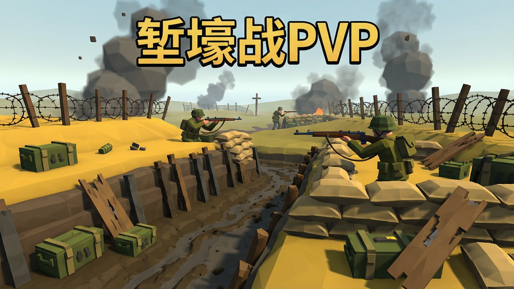 游戏主界面全景展示,前景是泥泞的堑壕与沙袋掩体,中景有士兵持枪瞄准,远景是硝烟弥漫的战场和铁丝网,画面中央上方用醒目字体写着堑壕战PVP,低多边形风格,色彩以土黄、军绿、深灰为主,细节包括散落的弹药箱和破损的木板,画质清晰,干净,无多余元素