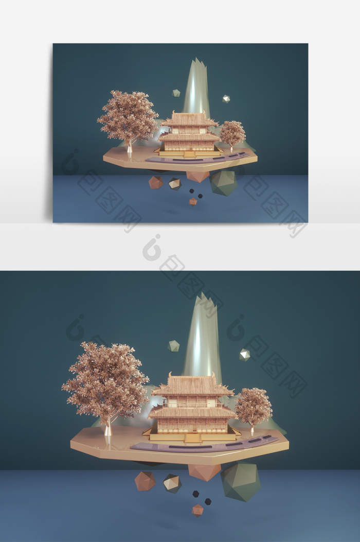 玄笔3D低多边形小岛建模渲染效果图
