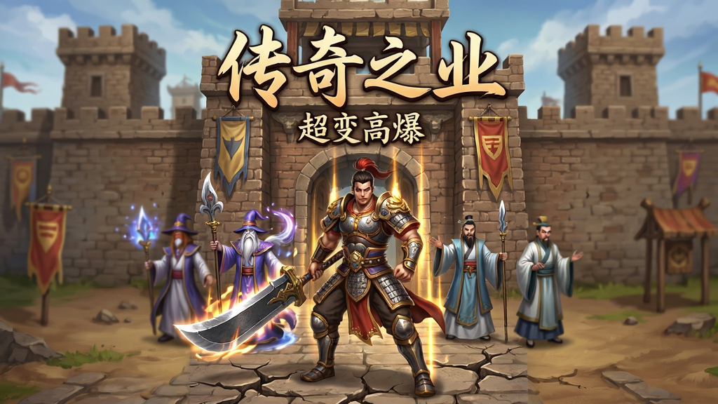 一幅展示经典传奇类手游场景的竖版宣传图,主体为一位身穿铠甲手持大刀的战士站在沙巴克城门前,身后是两位法师与道士队友,布局采用中心构图,上方用大号书法字体写着“传奇之业”,下方用小字标注“超变高爆”,风格为复古写实游戏原画,细节包括城墙砖纹、技能光效、装备光柱、地面裂缝,画质高清,干净,无多余元素