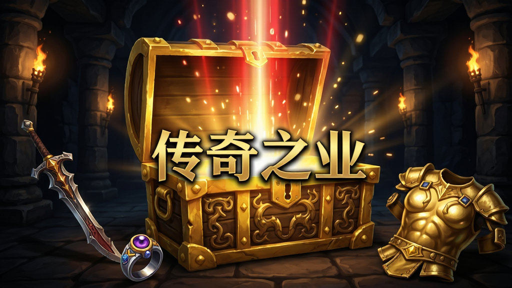 一只巨大的金色宝箱在暗黑地牢中打开,金光与红色光柱冲天而起,周围散落着屠龙刀、麻痹戒指、天龙圣衣等传奇装备,背景为石柱与火把,风格为暗黑魔幻游戏CG,细节包括光柱粒子、宝箱纹路、装备金属反光,画质高清,干净,无多余元素,画面中央用金色字体写着“传奇之业”