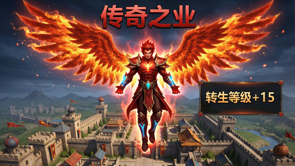 一位全身散发红色光芒的传奇角色悬浮在空中,背后展开巨大的火焰翅膀,脚下是沙巴克城池俯瞰视角,属性面板悬浮在角色右侧显示“转生等级+15”,风格为超变传奇宣传图,细节包括翅膀火焰粒子、装备发光、城池建筑,画质高清,干净,无多余元素,画面顶部用红色字体写着“传奇之业”