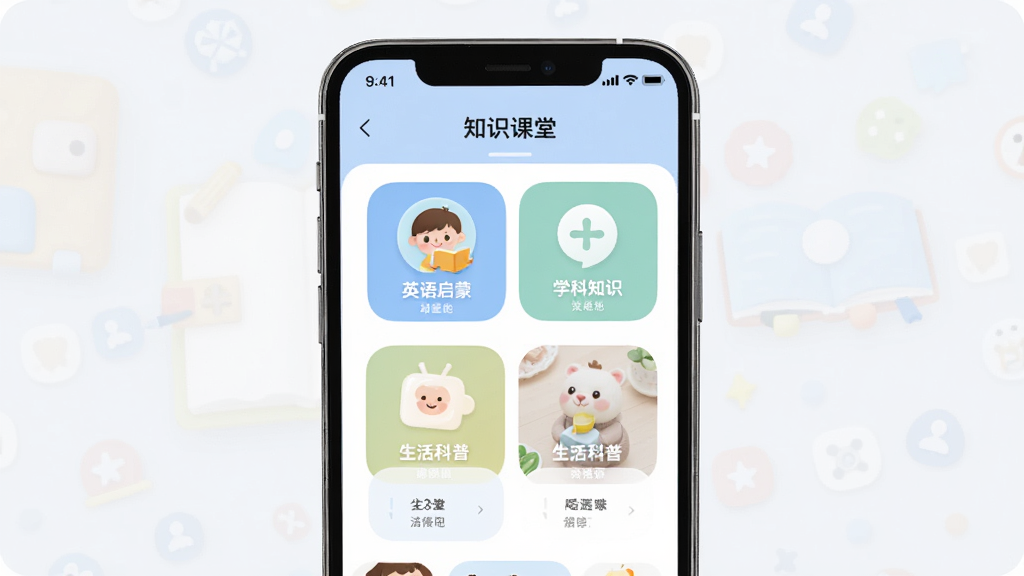 知识课堂软件首页界面展示,主体为一台智能手机屏幕,屏幕中呈现知识课堂APP的首页布局,包含英语动画启蒙、学科知识、生活科普等分类入口,布局清晰,排版整洁,风格为现代简约扁平化设计,细节上体现图标圆润、配色柔和,画质高清,干净,无多余元素