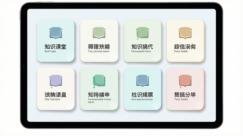 知识课堂多学科知识覆盖功能展示,主体为一个平板电脑屏幕,屏幕中呈现多个知识分类卡片,布局为网格状排列,排版上每个卡片有对应图标和标题,风格为清新浅色系扁平化设计,细节上体现卡片阴影柔和、文字清晰易读,画质高清,干净,无多余元素