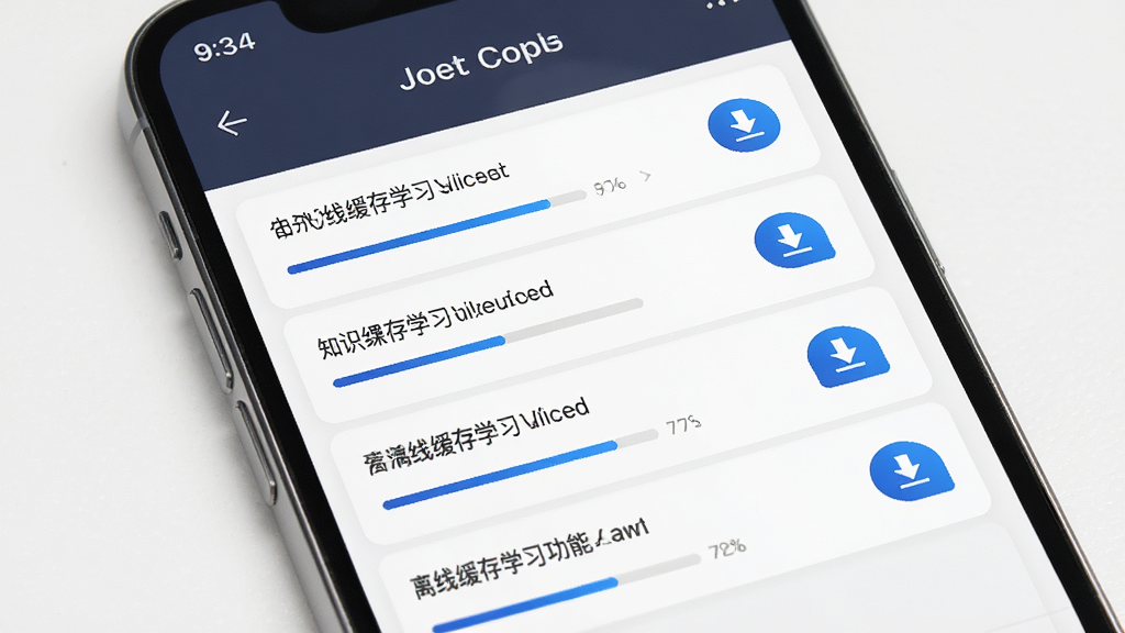 知识课堂离线缓存学习功能展示,主体为手机屏幕显示下载管理界面,布局为列表式排列,排版上每条内容右侧有下载状态图标,风格为简约商务风,细节上体现进度条清晰、按钮醒目,画质高清,干净,无多余元素