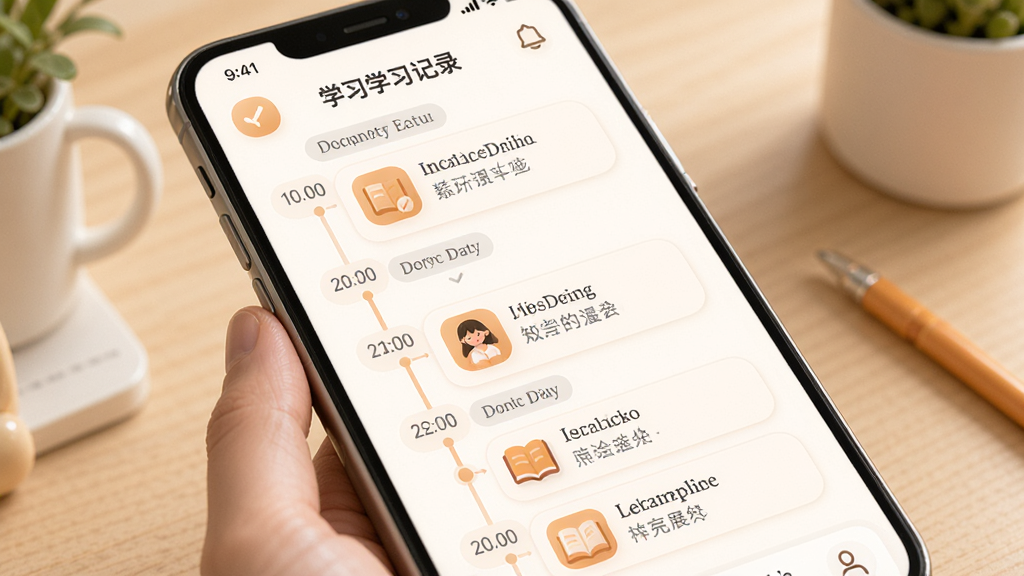知识课堂个性化学习记录功能展示,主体为手机屏幕显示学习记录页面,布局为时间轴式排列,排版上按日期分组展示学习内容,风格为柔和圆角设计,细节上体现图标精致、配色温暖,画质高清,干净,无多余元素