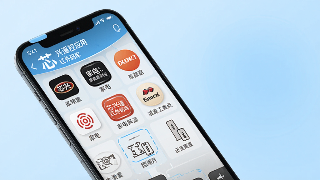一张芯兴遥控应用内的红外码库选择界面截图风格图片,画面显示手机屏幕上有多个品牌图标和家电分类标签,背景为浅蓝色渐变,风格科技简洁,画质清晰,干净无多余元素