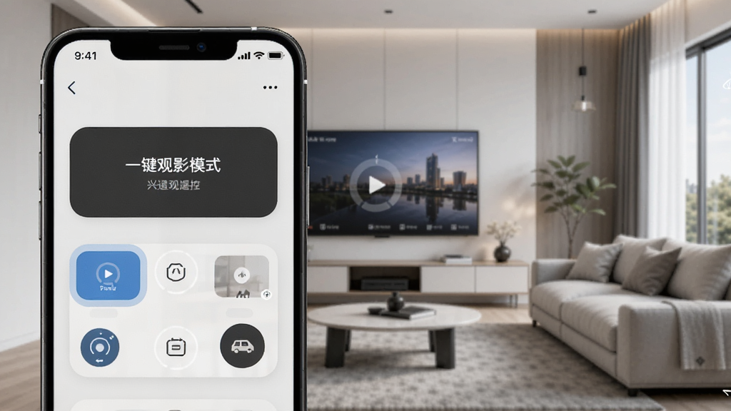 一张芯兴遥控快捷操作与场景模式的界面图,手机屏幕上显示一键观影模式的按钮和桌面小部件,背景为客厅场景,风格现代,画质清晰,干净无多余元素