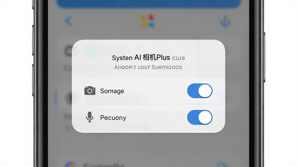 AI相机Plus安装权限设置界面示意图,主体为手机屏幕显示权限授权弹窗,布局为居中展示,排版简洁,风格为系统UI写实风格,细节包括相机、存储、麦克风权限开关,画质高清,干净,无多余元素