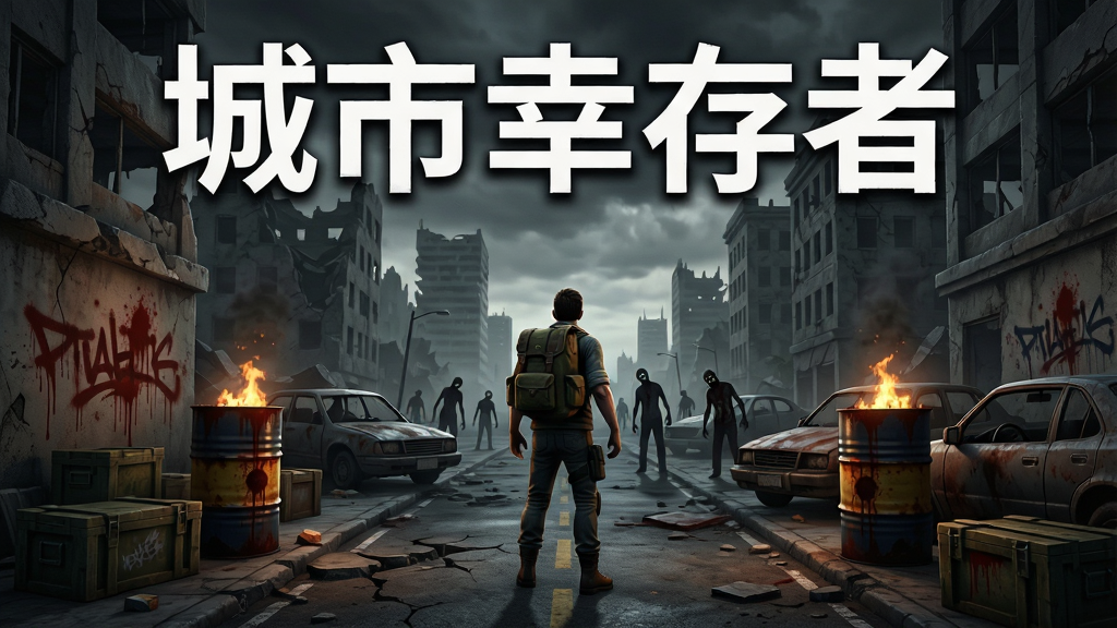 一幅末日城市废墟场景,画面中央是游戏《城市幸存者》的主视觉,一名背着背包的幸存者站在破败的街道上,四周是倒塌的建筑物和废弃车辆,远处有游荡的丧尸剪影,天空阴沉灰暗,画面布局为横向宽幅,排版上游戏名称“城市幸存者”以粗体白色字体置于画面正上方,风格为写实末日废土风,细节包括破碎的路面、散落的物资箱、燃烧的油桶、墙上的血迹涂鸦,画质为高清游戏宣传图,干净利落,无多余元素