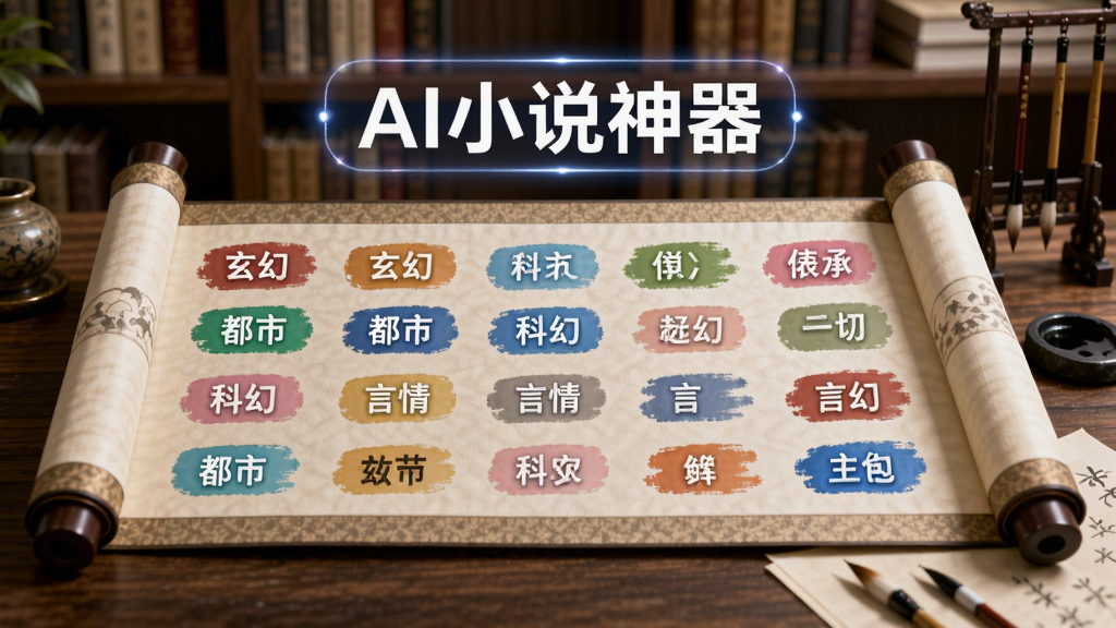 一张横向展开的卷轴,卷轴上用不同颜色标注了多种小说题材标签,如