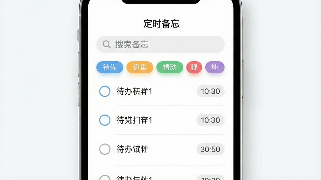 一张展示智能手机屏幕的图片,屏幕中央显示“定时备忘”应用主界面,界面布局为顶部搜索框,下方是彩色标签分类的待办事项列表,每条事项左侧有圆形复选框,右侧显示时间标签,主体为手机,布局居中,排版简洁清晰,风格为现代扁平化UI设计,细节包括柔和的阴影和圆角图标,画质高清,画面干净,无多余元素
