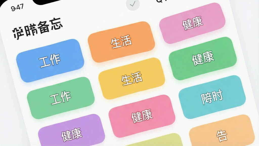一张“定时备忘”应用内分类管理界面的展示图,画面中显示多个彩色标签卡片,分别标注“工作”“生活”“健康”等字样,卡片错落排列,主体为分类标签,布局为网格状,排版整齐,风格为清新浅色系,细节包括圆角卡片和柔和配色,画质高清,画面干净,无多余元素