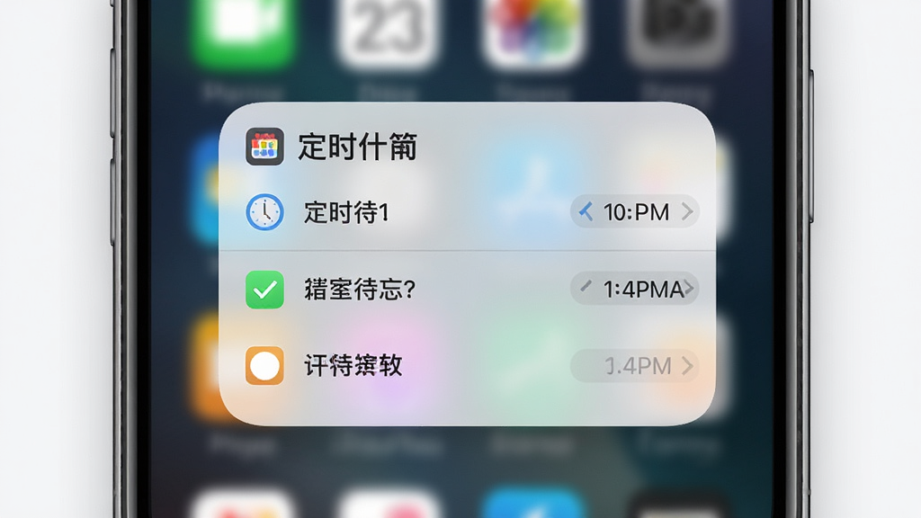 一部手机主屏幕截图,屏幕上放置着“定时备忘”的桌面小组件,小组件内显示三条待办事项及对应时间,主体为手机桌面与小组件,布局为居中展示,排版清晰,风格为简约商务风,细节包括细腻的阴影和图标,画质高清,画面干净,无多余元素