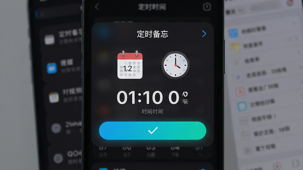 一款名为“定时备忘”的手机应用界面特写,画面中心是一个设置提醒时间的弹窗,日历与时钟图标清晰可见,背景为虚化的待办列表,主体突出时间设置区域,布局为上下结构,排版强调时间数字,风格为科技感深色模式,细节包括发光的确认按钮,画质清晰,画面干净,无多余元素