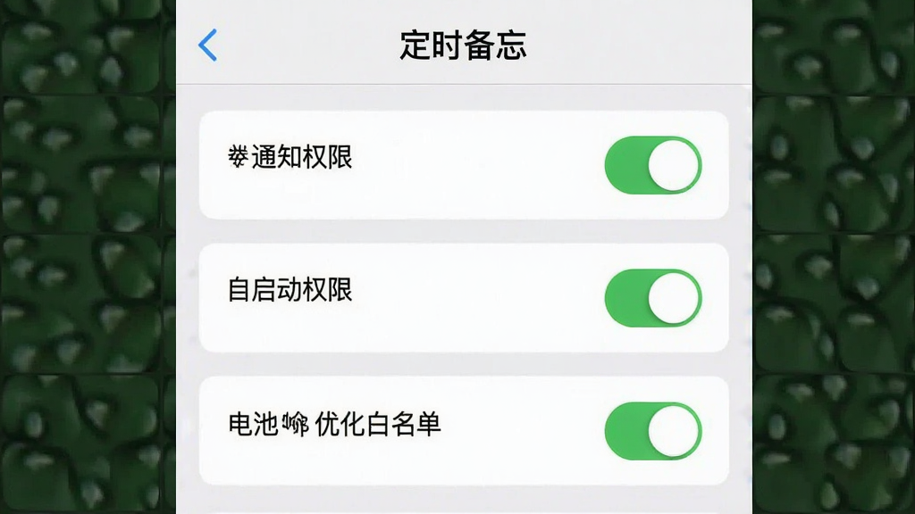 一张“定时备忘”应用权限设置引导页的截图,画面中显示通知权限、自启动权限、电池优化白名单三个开关按钮,主体为权限列表,布局为垂直排列,排版清晰,风格为简洁实用风,细节包括高亮的关键开关,画质高清,画面干净,无多余元素