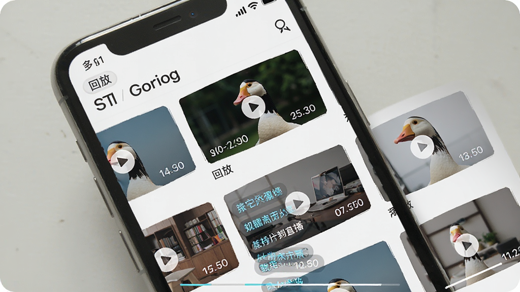 手机屏幕显示“鹅直播”回放列表界面,每个视频封面有播放按钮和时间长度,其中一个视频正在播放并显示弹幕,布局为网格状排列,风格简洁素雅,细节包含回放标识和进度条,画质清晰干净无多余元素