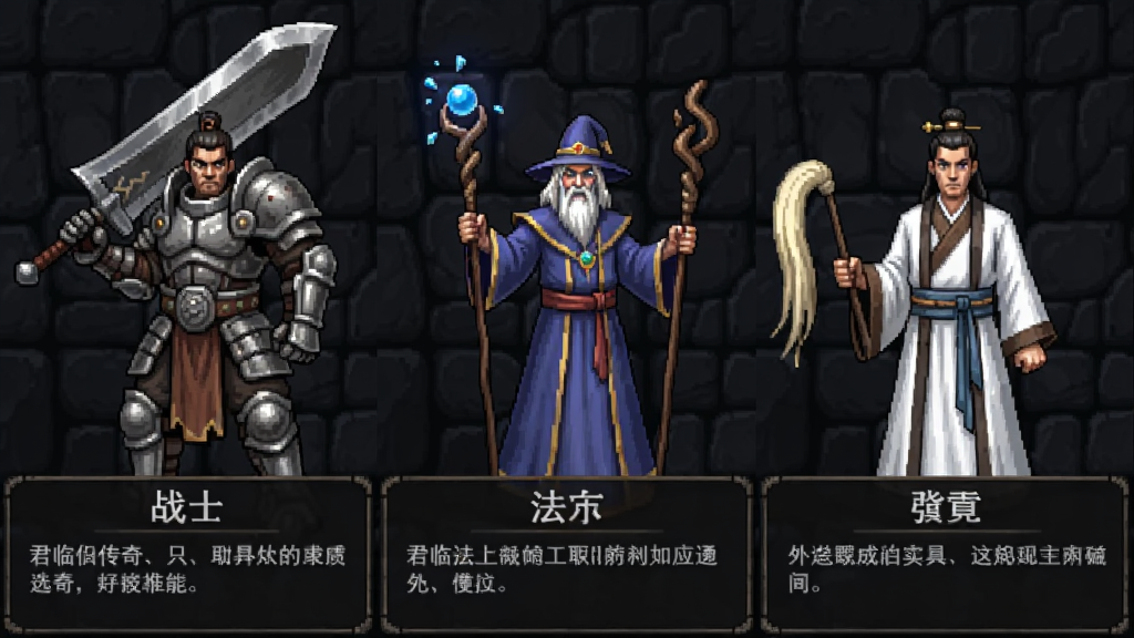 君临传奇职业选择界面,画面分为三栏分别展示战士、法师、道士三个角色立绘,战士身穿重甲手持大刀,法师身披长袍手举法杖,道士身着道袍手持拂尘,背景为深色石壁纹理,每个角色下方有职业名称和简短描述文字,风格为复古游戏UI,画质清晰,布局对称,干净无多余元素