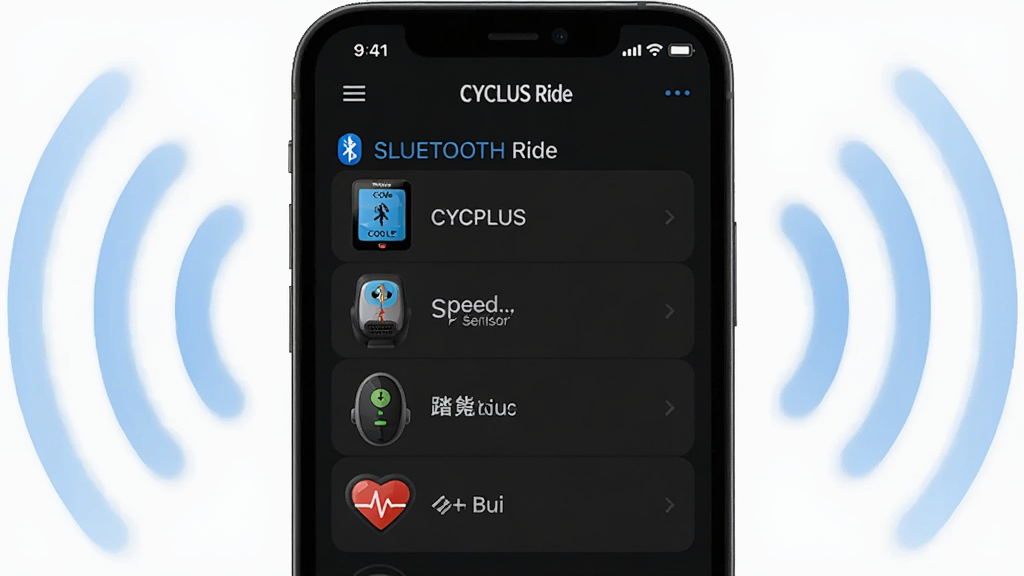 一张展示 CYCPLUS Ride 设备连接界面的示意图,画面中一部手机屏幕显示蓝牙搜索列表,列表中有 CYCPLUS 码表、速度传感器、踏频器、心率带等设备图标,手机周围漂浮着淡蓝色蓝牙信号波纹,背景为白色简洁风格,布局清晰,细节精致,画质高清,干净,无多余元素
