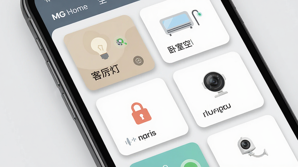 一张MG Home全屋设备控制面板的局部特写图,画面主体为手机屏幕,屏幕上排列着多张设备卡片,分别显示客厅灯、卧室空调、门锁、摄像头等状态,布局采用网格排列,排版整齐,风格为现代扁平化,细节上卡片带有轻微阴影和圆角,背景为浅灰色,画质清晰,画面干净,无多余元素。