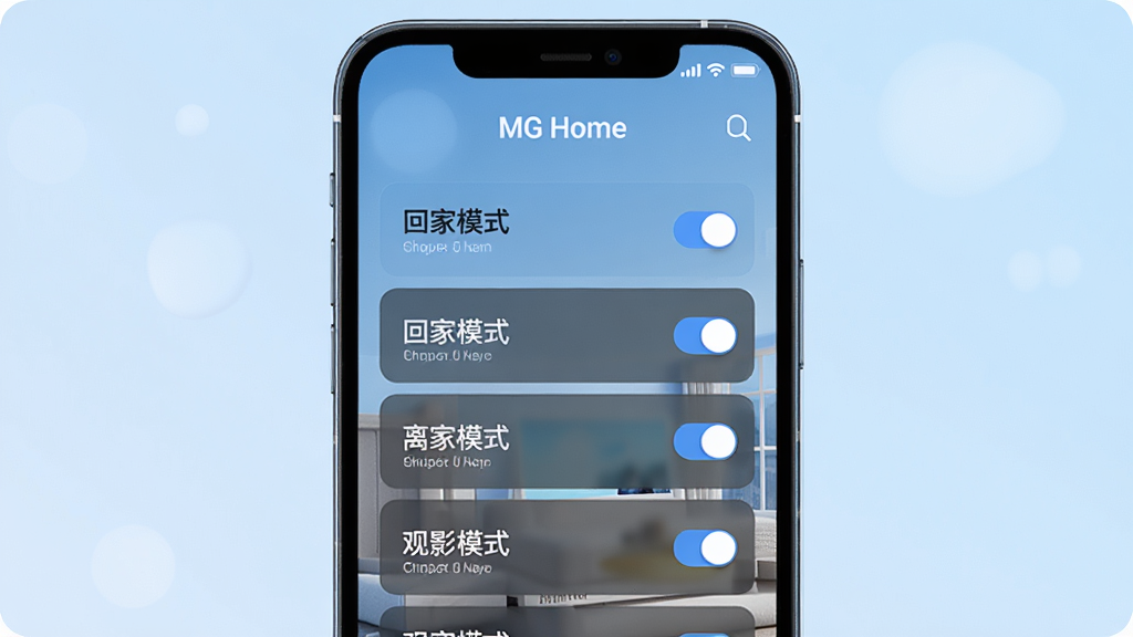 一张展示MG Home智能场景编辑界面的示意图,画面中手机屏幕显示场景列表,包含回家模式、离家模式、观影模式等条目,每条右侧有开关按钮,布局为纵向列表,排版清晰,风格为简约科技风,细节上屏幕上方有MG Home字样,背景为淡蓝色渐变,画质高清,画面干净,无多余元素。