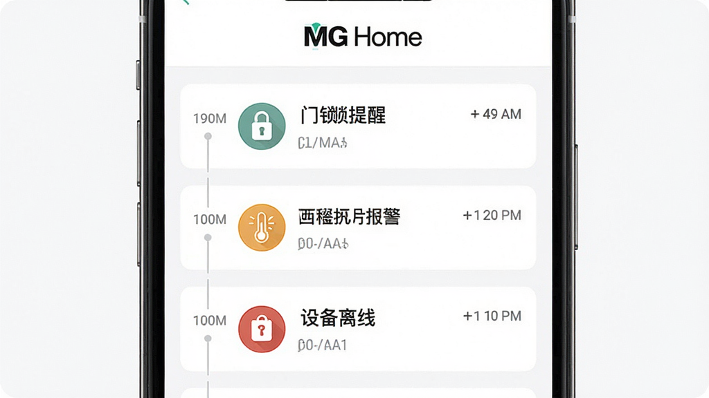 一张MG Home消息提醒功能的界面图,画面中手机屏幕显示通知列表,包含门锁提醒、温度报警、设备离线等消息,每条消息带有时间戳和图标,布局为纵向时间线,排版规整,风格为清爽简洁,细节上屏幕顶部有MG Home标识,背景为白色,画质清晰,画面干净,无多余元素。