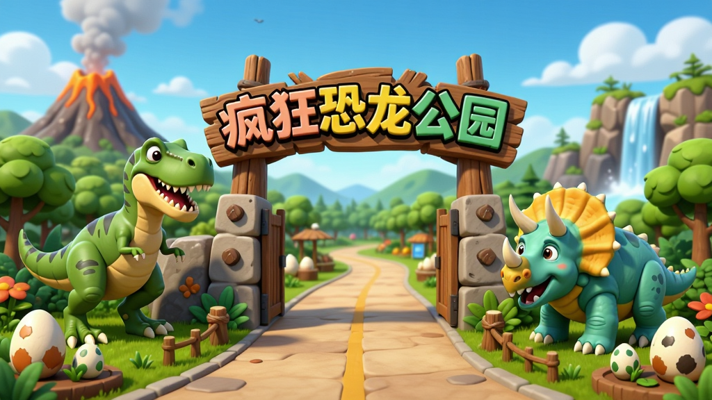画面中央是一座充满活力的疯狂恐龙公园大门,门头写着“疯狂恐龙公园”六个大字,两侧各有一只卡通霸王龙和三角龙在迎接游客,背景是蓝天白云和绿树成荫的园区,远处有火山和瀑布,近处有游客步道和恐龙蛋展示台,整体布局采用横向全景构图,风格为卡通渲染、色彩鲜艳明快,细节包括恐龙表情生动、植被层次丰富、设施带有木质和石质纹理,画质高清、干净、无多余元素